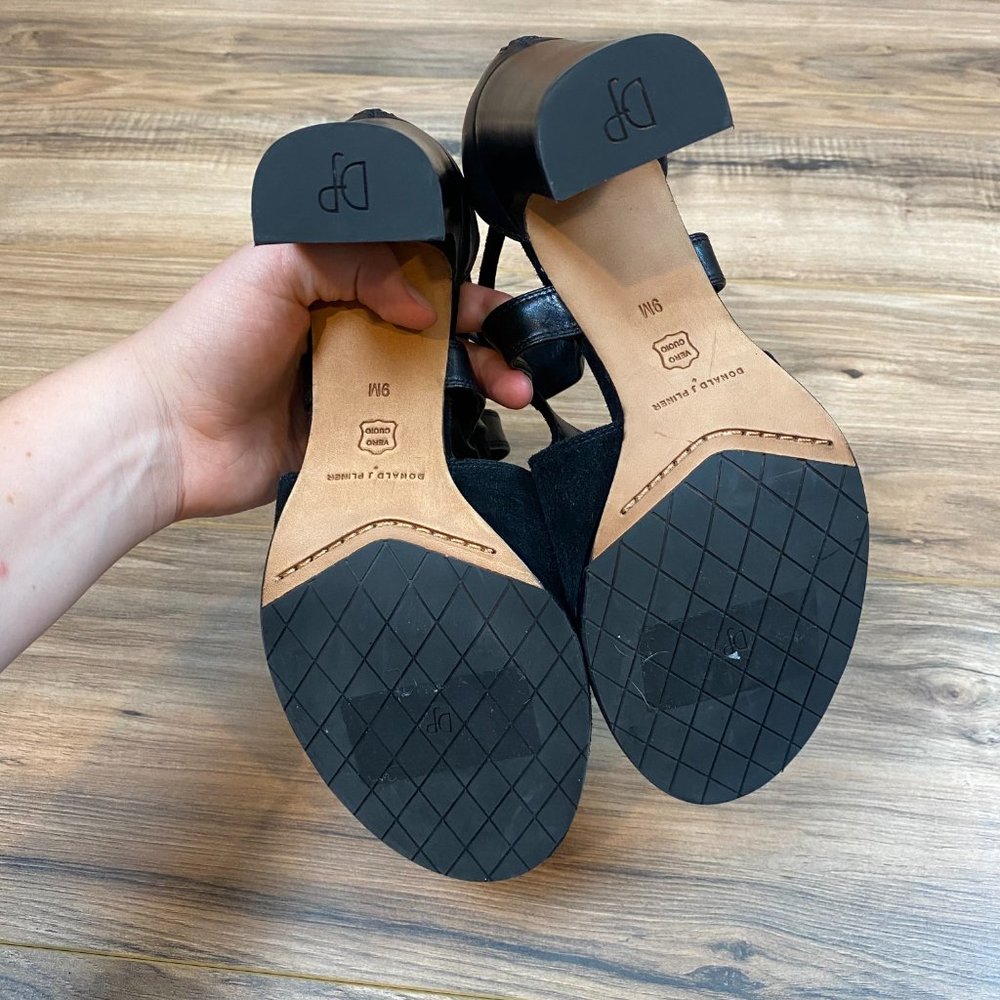 Donald Pliner Black Leather‎ Suede Strappy Open Toe Block Heel Sandals W9 Shoes - Picture 7 of 10